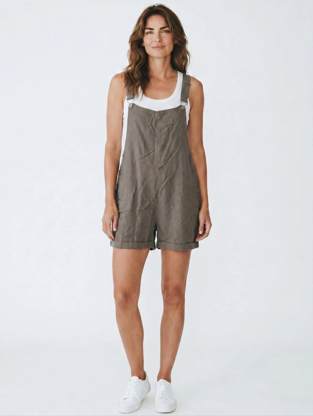Olive Green Linen Blend Short Overalls